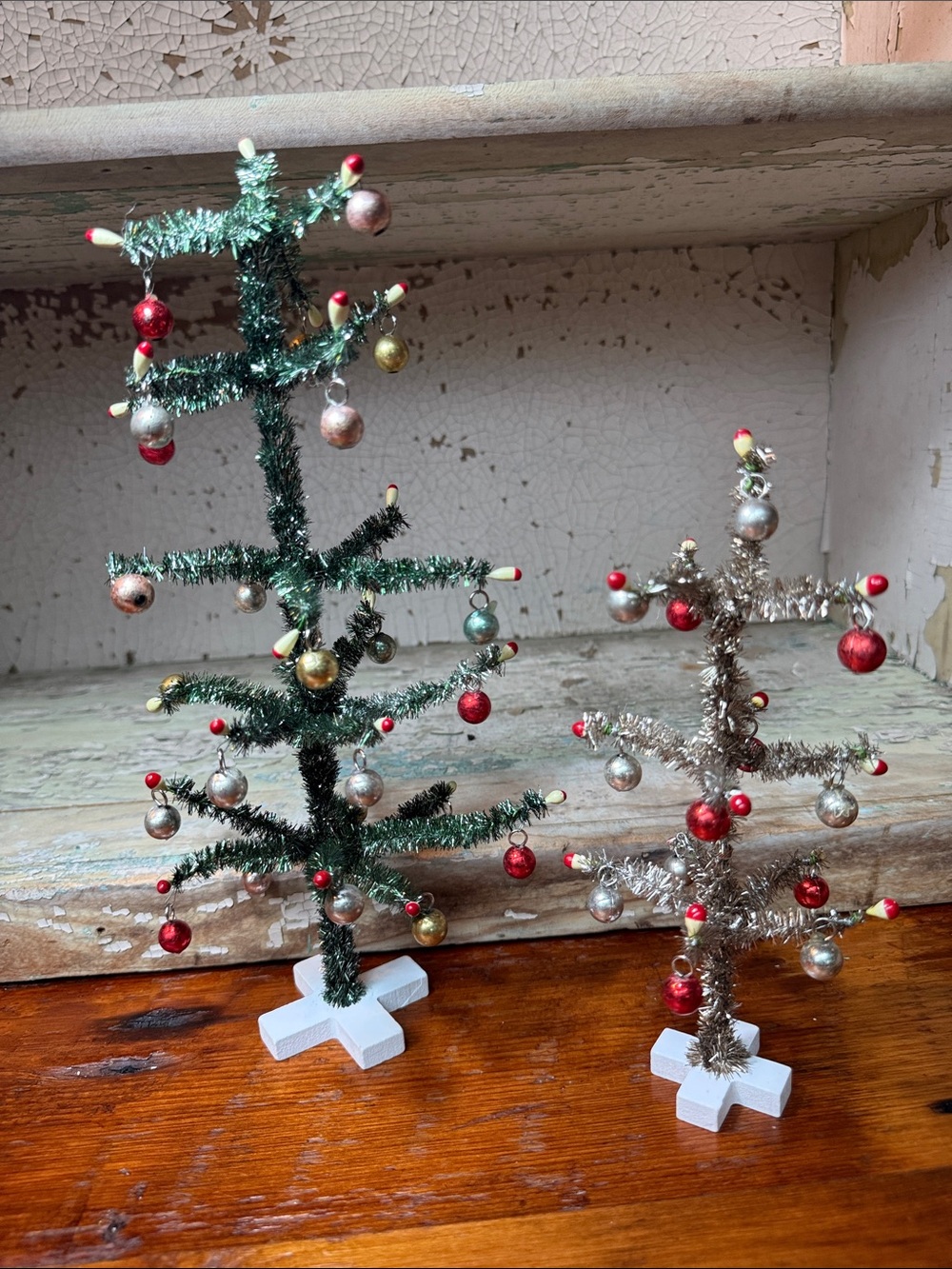 Set of 2 Vintage Style Tinsel Holiday Trees - Green & Champagne